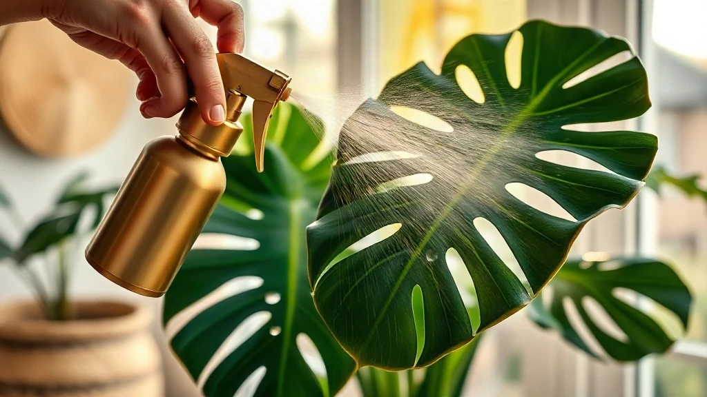 Simple monstera plant care guide featuring misting a Swiss cheese plant in bright natural light