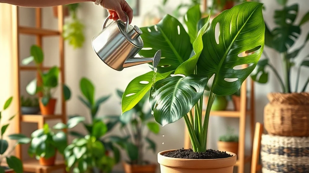 Person watering a monstera houseplant with a metal can, illustrating indoor plant care in a sunlit room